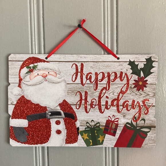NWT Gleaming Red Glittered Santa Happy Holidays Planked Wood Decoration Sign - Picture 5 of 17
